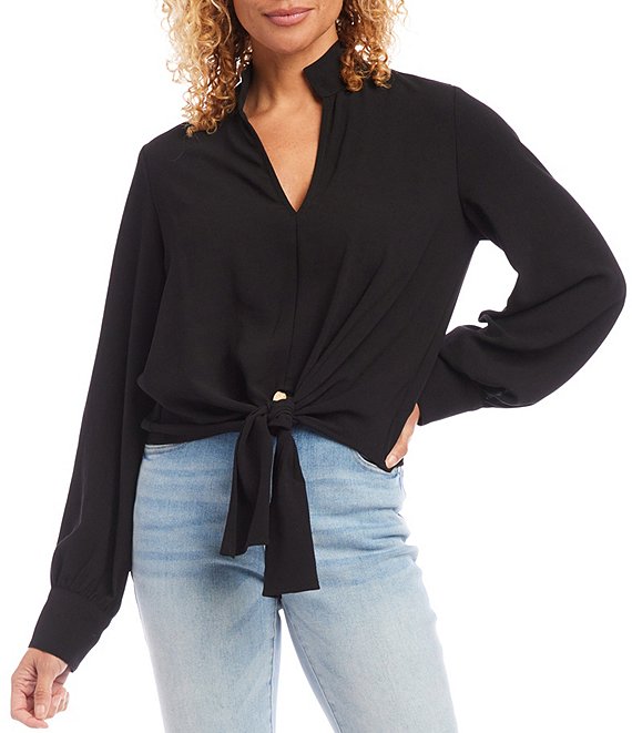 Karen Kane Solid Heavy Moss Crepe Stand Collar V-Neck Long Sleeve