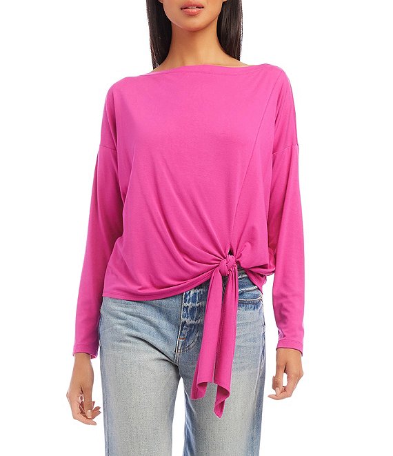 Karen Kane Solid Knit Boat Neck Long Sleeve Tie-Front Hem Tee