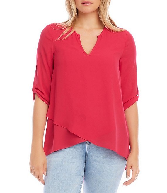 Karen Kane Split Neck 3/4 Sleeve Asymmetrical Hem Wrap Top | Dillard's