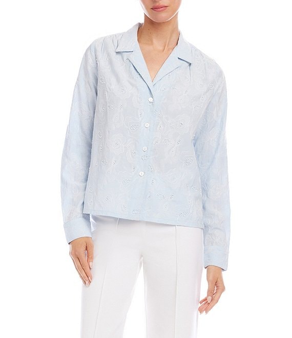 Karen Kane Stripe Embellished Notch Collar Long Sleeve Button Front Shirt
