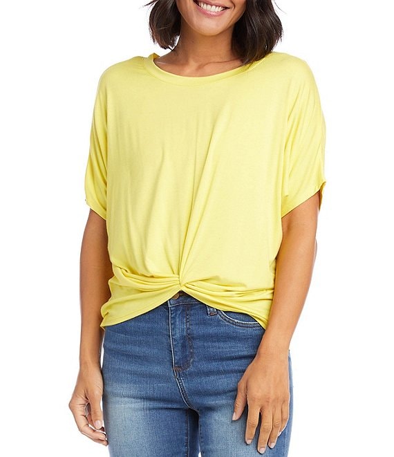 Color:Yellow - Image 1 - Twist Front Scoop Neck Jersey Knit Short Sleeve Top
