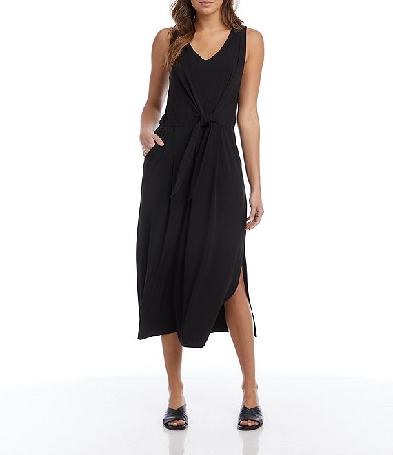 Karen Kane V-Neck Sleeveless Tie Front Side Slit Midi Dress | Dillard's