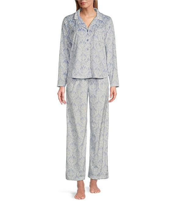 Karen Neuburger Damask Print Fleece Notch Collar Long Sleeve 3 Piece Pajama Set