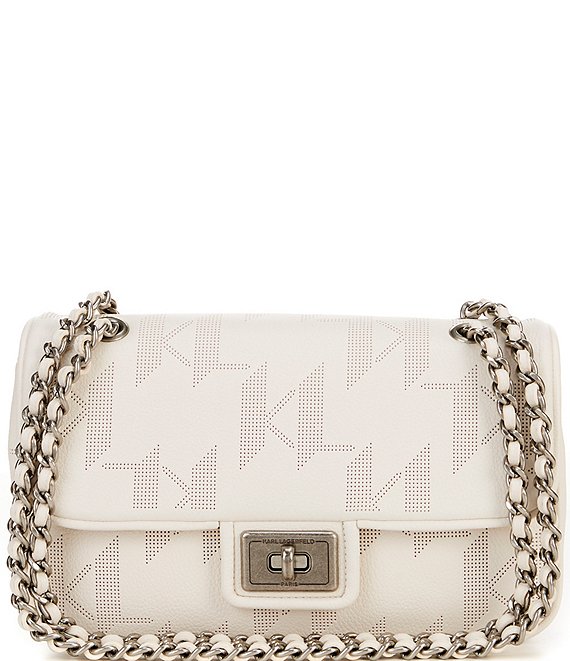 Color:White - Image 1 - Agyness Perforated Signature Logo Leather Shoulder Bag
