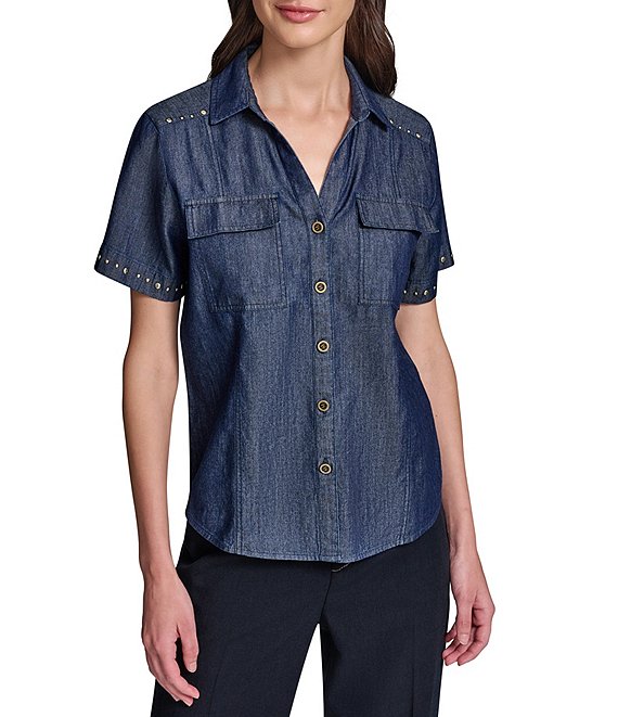 KARL LAGERFELD PARIS Chambray Point Collar Short Sleeve Studded Shirt