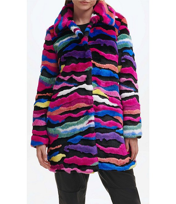 Karl Lagerfeld Paris Faux Fur Single Breasted Rainbow Zebra Coat - L