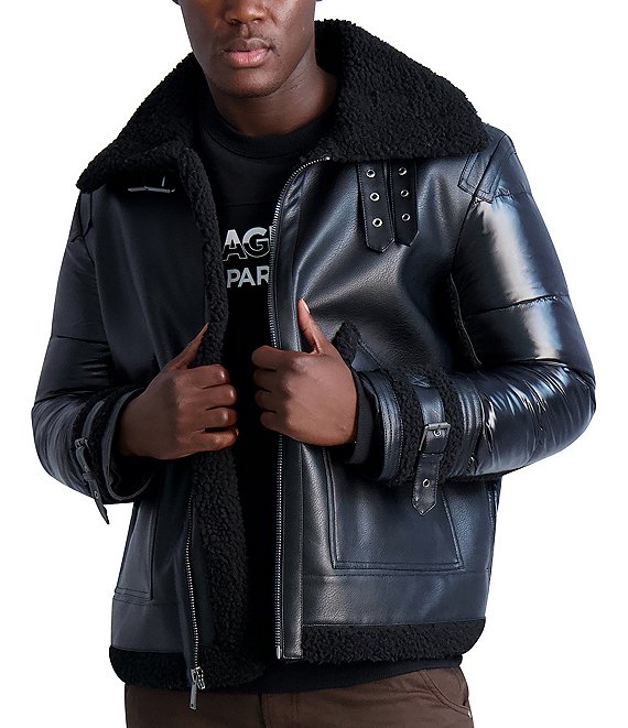 Karl Lagerfeld Paris Faux Shearling/Nylon Fabric Blocked Jacket