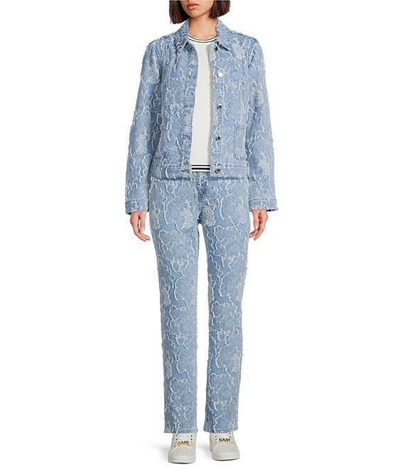KARL LAGERFELD PARIS Floral Point Collar Long Sleeve Button-Front Jacquard Denim Jacket