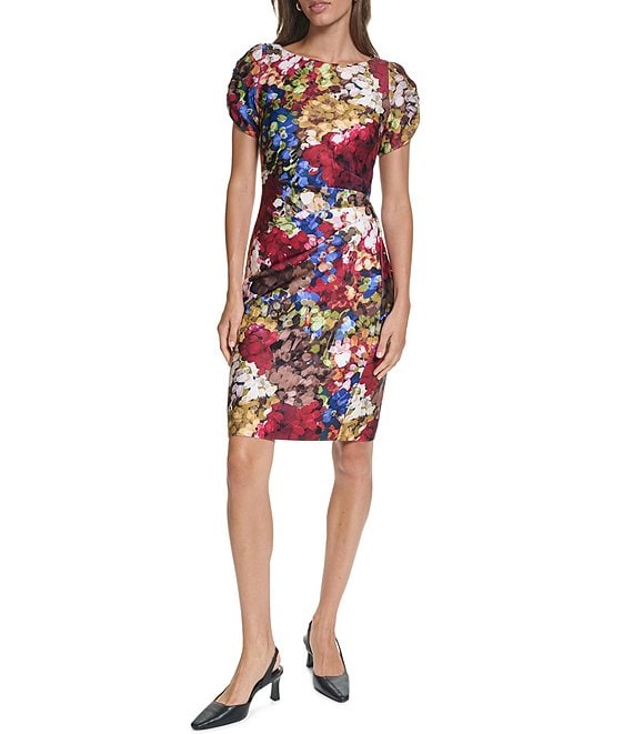 KARL LAGERFELD PARIS Floral Print Short Sleeve Crew Neck Scuba Dress