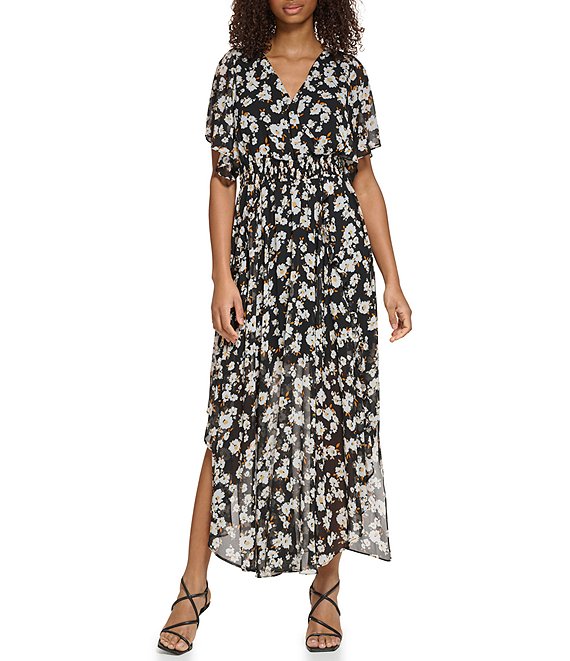 KARL LAGERFELD PARIS Floral V-Neck Short Sleeve Maxi Dress | Dillard's