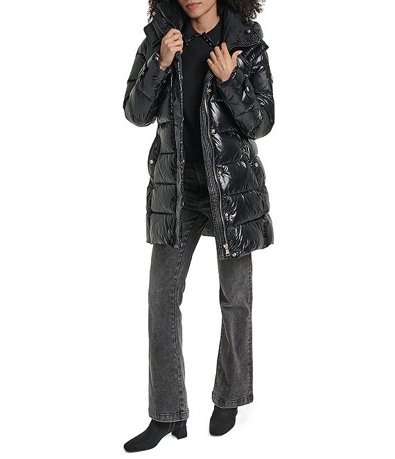 KARL LAGERFELD PARIS Glossy Quilt Pattern Stand Collar Belted Hybrid Down Puffer Jacket