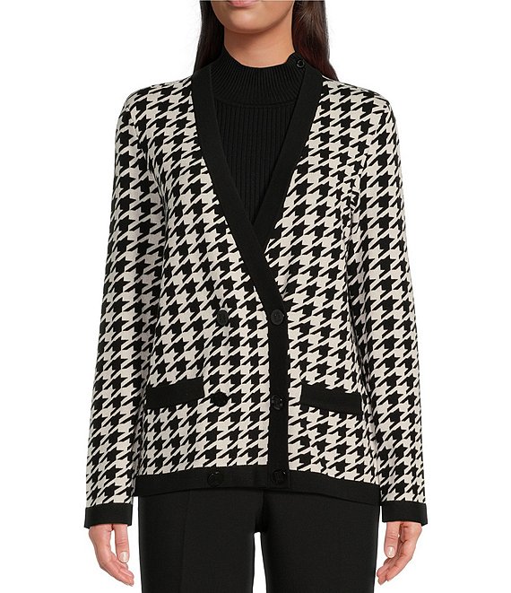 KARL LAGERFELD PARIS Houndstooth V-Neck Long Sleeve Contrast Piping ...