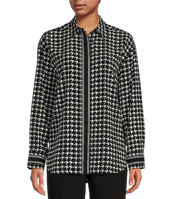 KARL LAGERFELD PARIS Houndstooth Woven Point Collar Long Sleeve Button ...