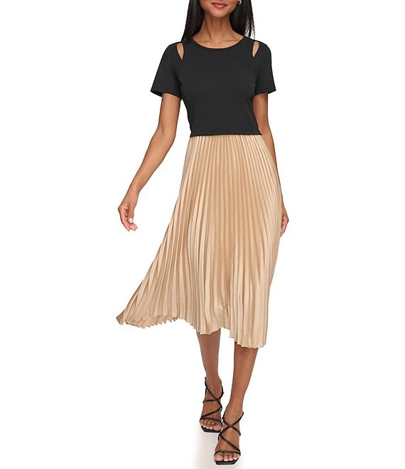 Color:Black/Cappuccino - Image 1 - Shoulder Cut Out Short Sleeve Pleated Midi Dress