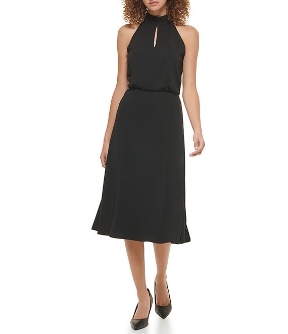 Color:Black - Image 1 - Keyhole Mock Halter Neck Sleeveless Blouson Midi Dress