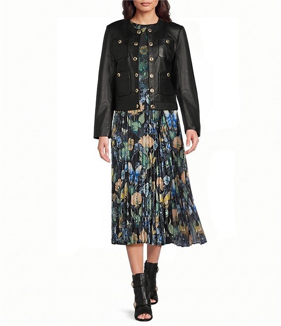 KARL LAGERFELD PARIS Leather Crew Neck Long Sleeve Jacket
