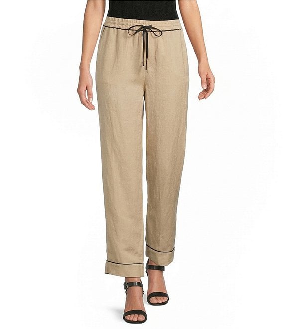 KARL LAGERFELD PARIS Linen-Blend Contrast Trim Drawstring Pull-On Pants