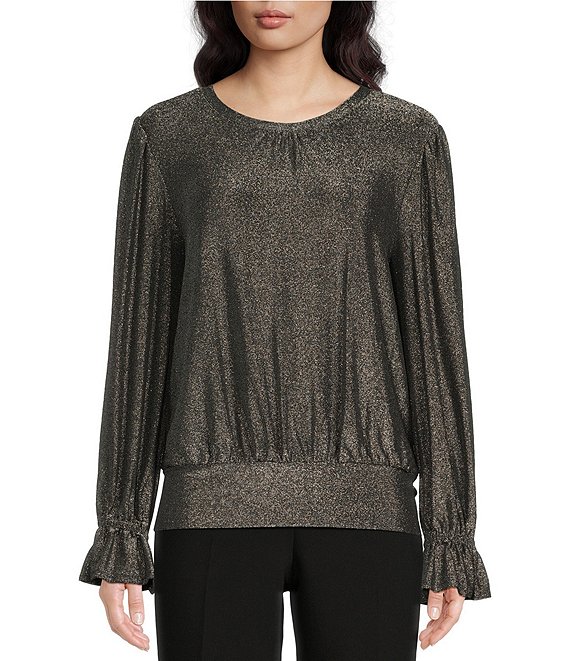 KARL LAGERFELD PARIS Metallic Knit Crew Neck Long Sleeve Ruffle Blouse ...