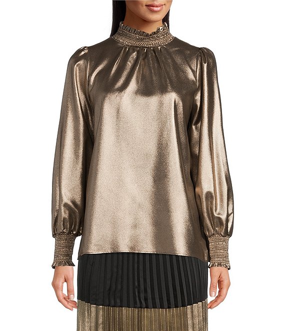 Color:Brass - Image 1 - Metallic Knit Smocked Mock Neck Long Puff Sleeve Pullover Blouse