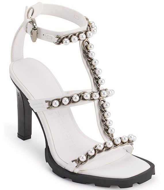 KARL LAGERFELD PARIS Midge Leather Pearl Chain T-Strap Dress Sandals ...