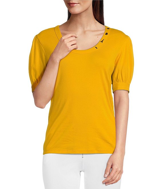 Color:Goldenrod - Image 1 - Mixed Media Short Sleeve Scoop Neck Cotton Top