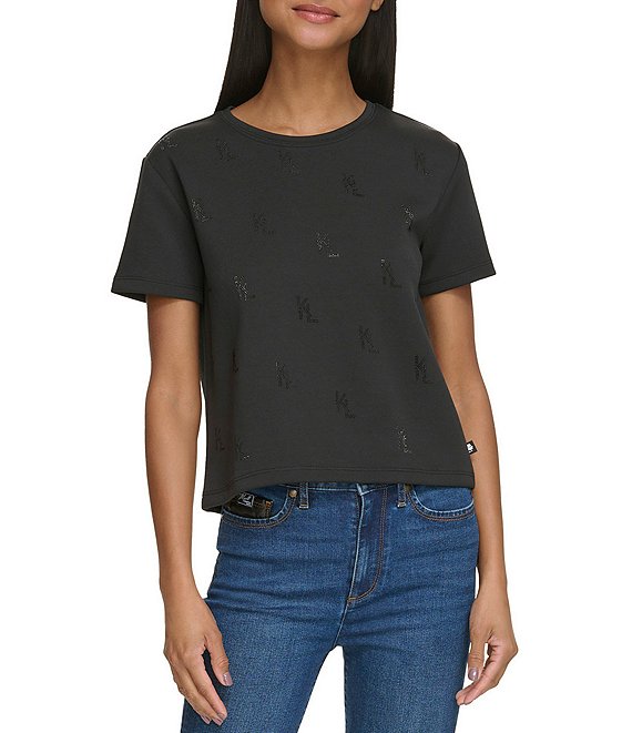 Color:Black - Image 1 - Monogram Knitted Crew Neck Short Sleeve Rhinestone Tee Shirt