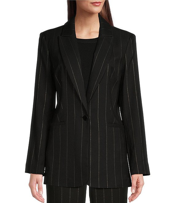 KARL LAGERFELD PARIS Notch Collar Long Sleeve Metallic Pinstripe Open ...