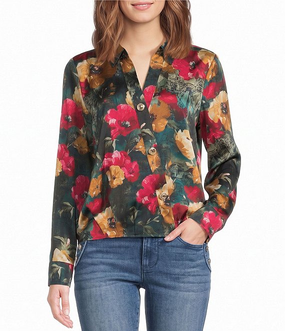 KARL LAGERFELD PARIS Satin Crepe de Chine Floral Collared Neck Button Front Blouse