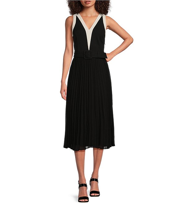 KARL LAGERFELD PARIS Scuba Crepe Color Block V Neckline Sleeveless Pleated Chiffon Midi Dress