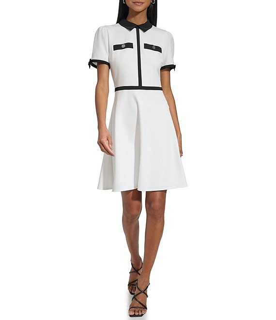 KARL LAGERFELD PARIS Scuba Crepe Point Collar Neck Short Puff Sleeve A ...