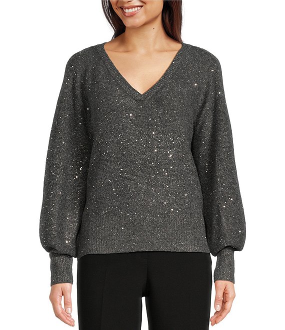 KARL LAGERFELD PARIS Sparkle Metallic Knit V-Neck Long Sleeve Fitted ...
