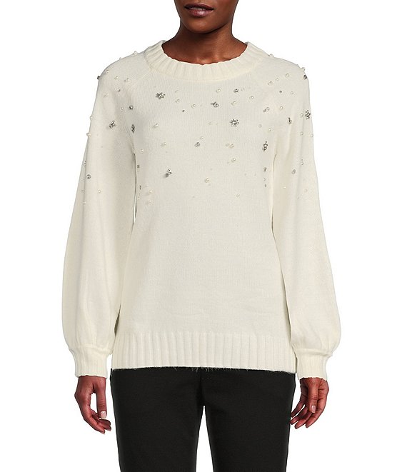 Color:Soft White - Image 1 - Sweater Knit Pearl Rhinestone Crew Neck Long Sleeve Sweater