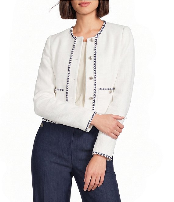 KARL LAGERFELD PARIS Tweed Round Neck Long Sleeve Cropped Coordinating Jacket
