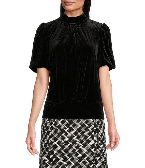 Color:Black - Image 1 - Velvet Knit Mock Neck Short Puff Sleeve Front Twist Top