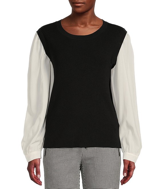 Color:Black/Soft White - Image 1 - Woven Crew Neck Long Blouson Sleeve Two-Fer Sweater