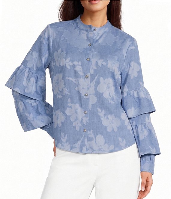 KARL LAGERFELD PARIS Woven Floral Print Mock Neck Long Sleeve Top