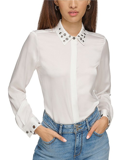 Color:Soft White - Image 1 - Woven Grommet Collar Long Sleeve Button Front Shirt