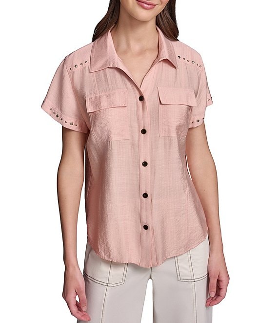 KARL LAGERFELD PARIS Woven Subtle Slub Spread Collar Short Sleeve Front Button Shirt