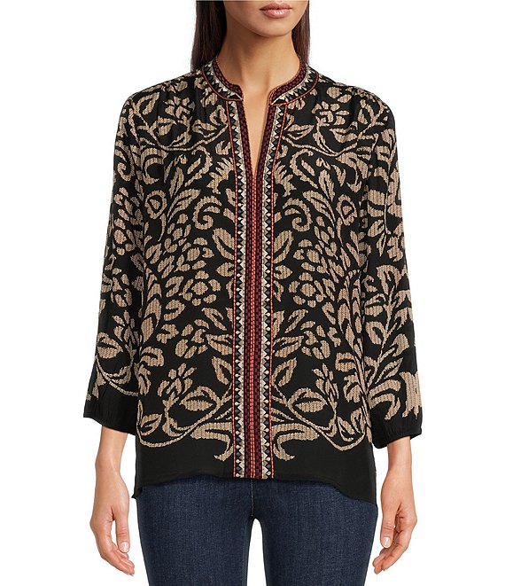 Karyn Seo Embroidered V-Neck Cinched Cuffed 34 Sleeve Ziggy Blouse - Xs