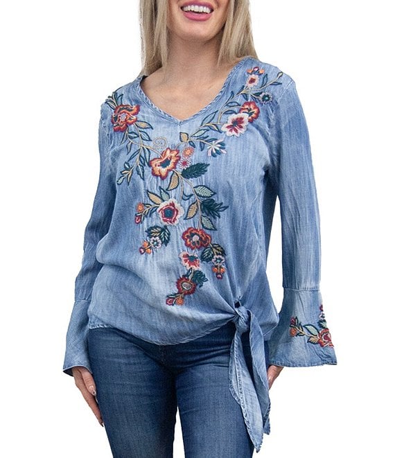 Karyn Seo Ida Woven Solid V-Neck Long Sleeve Left Side Hem Tie Blouse