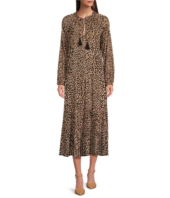 Color:Cheetah - Image 1 - Jocelyn Cheetah Print Crinkle Crepe V-Neck Long Sleeve Tassel Ties Tiered Hem Dress