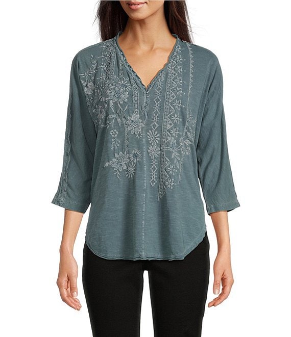 Karyn Seo Knit Lanna Embroidered 3/4 Sleeve V-Neck Top | Dillard's