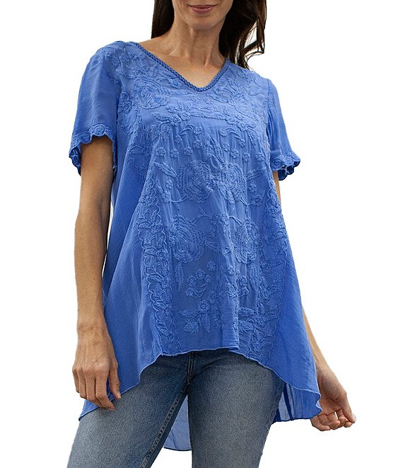 Color:Provence Blue - Image 1 - Martina V-Neck Short Sleeve Tonal Embroidered Asymmetrical High-Low Hem Tunic