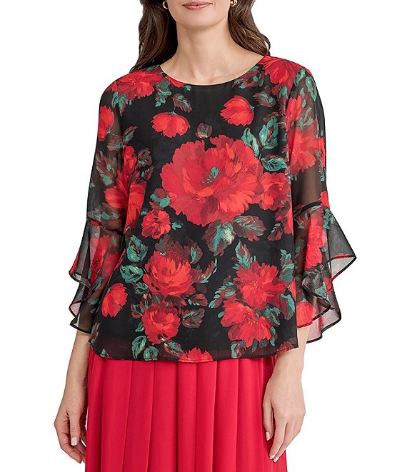 Kasper 3/4 Ruffle Sleeve Floral Print Top
