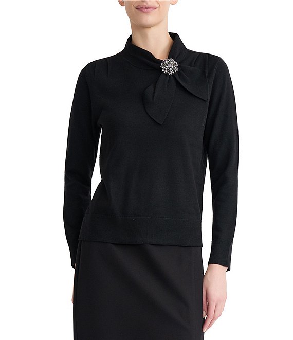 Kasper Brooch Tie Neck Knit Top