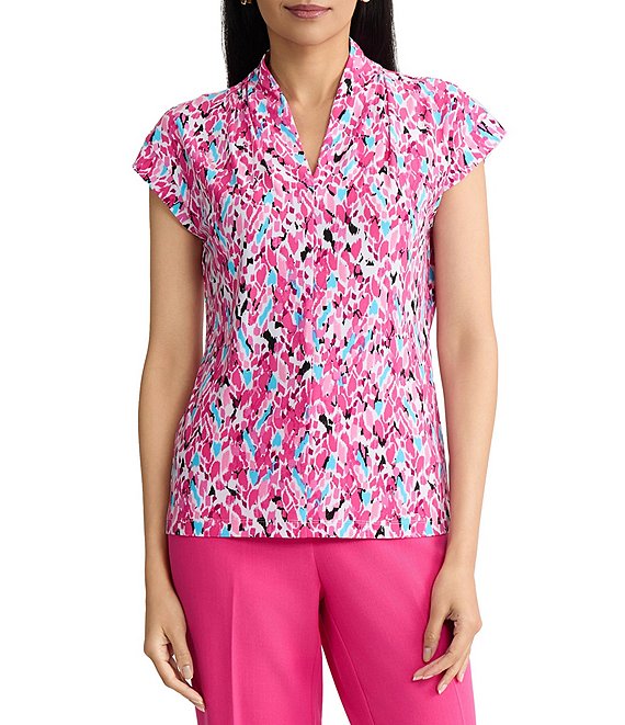 Kasper Cap Sleeve Funnel Neck Printed Blouse