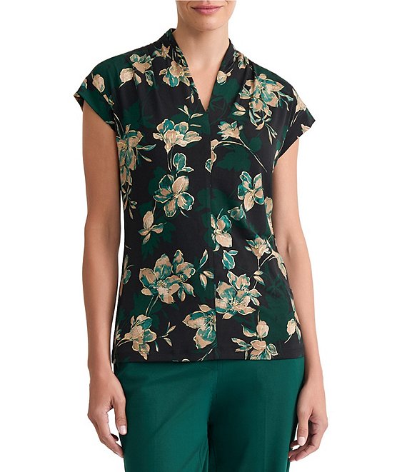 Kasper Cap Sleeve Printed Jersey Knit Top