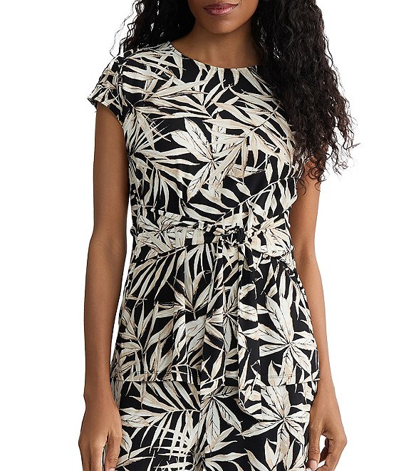 Kasper Cap Sleeve Tie Front Printed Jersey Knit Blouse