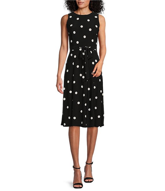 Kasper Dotted Print Crew Neck Sleeveless Belted A-Line Dress | Dillard's