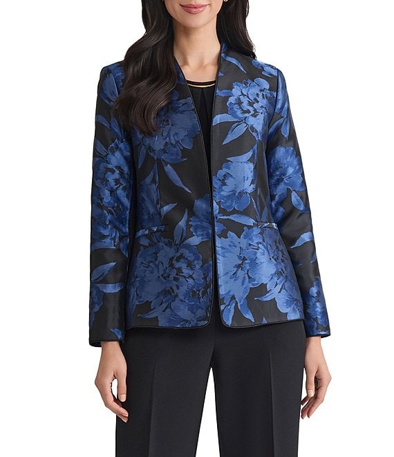 Kasper Floral Jacquard Collarless Jacket With Piping, Blue Multi - Image 1